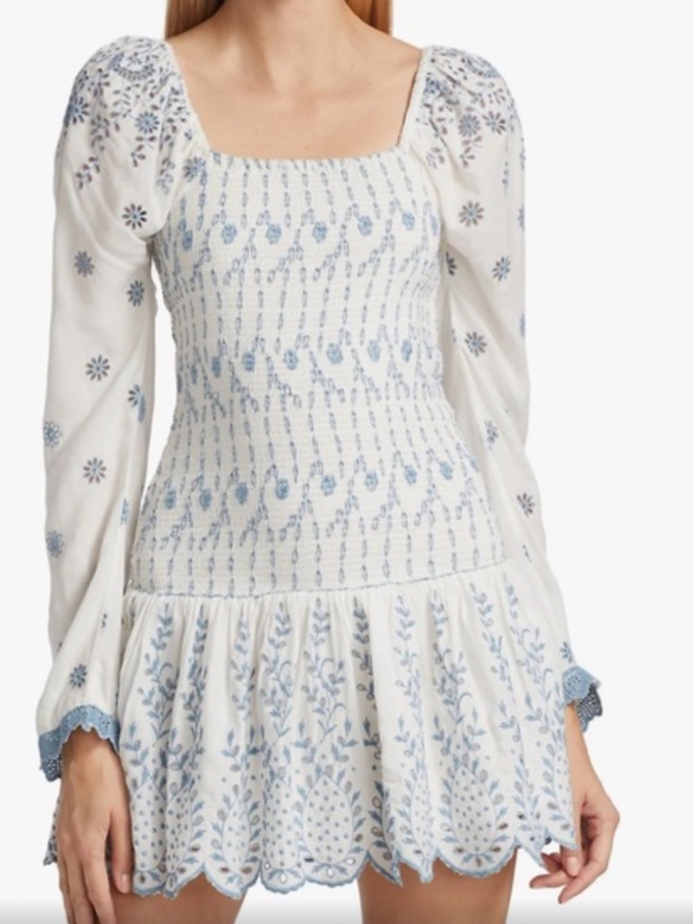 LoveShackFancy White and Light Blue Smocked Mini Dress